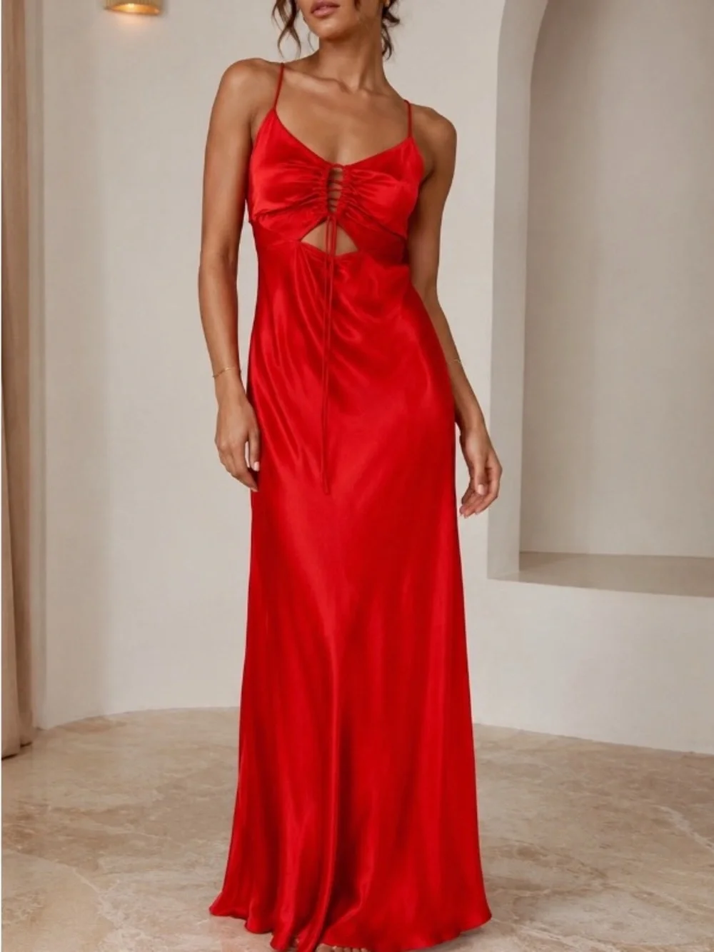 Meshki Red Satin Lace-Up Cutout Slip Dress
